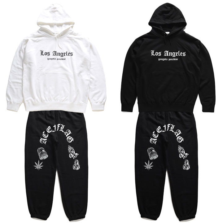 ACE FLAG 上下セット 長袖 メンズ 春秋冬用 白/黒 大きいサイズ エースフラッグ セットアップ パーカー フーディ LA ロサンゼルス 大麻 マリファナ