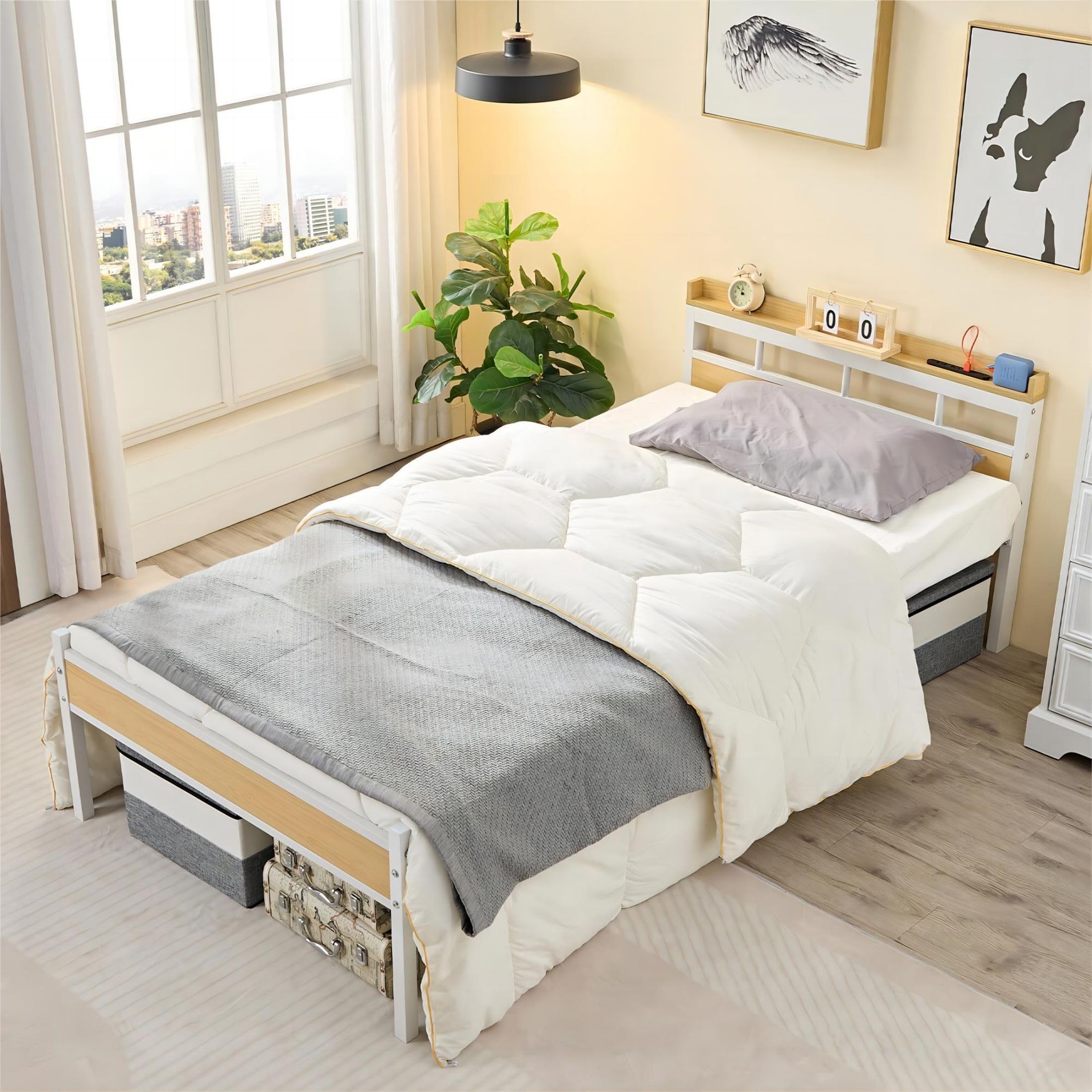 VECELO ベッドフレーム シングル ホワイト 2口コンセント付き パイプベッド ベッド 宮棚付き シンプル 安定 静音 通気性 耐荷重300kg 組立簡単 床下収納 高さ30cm