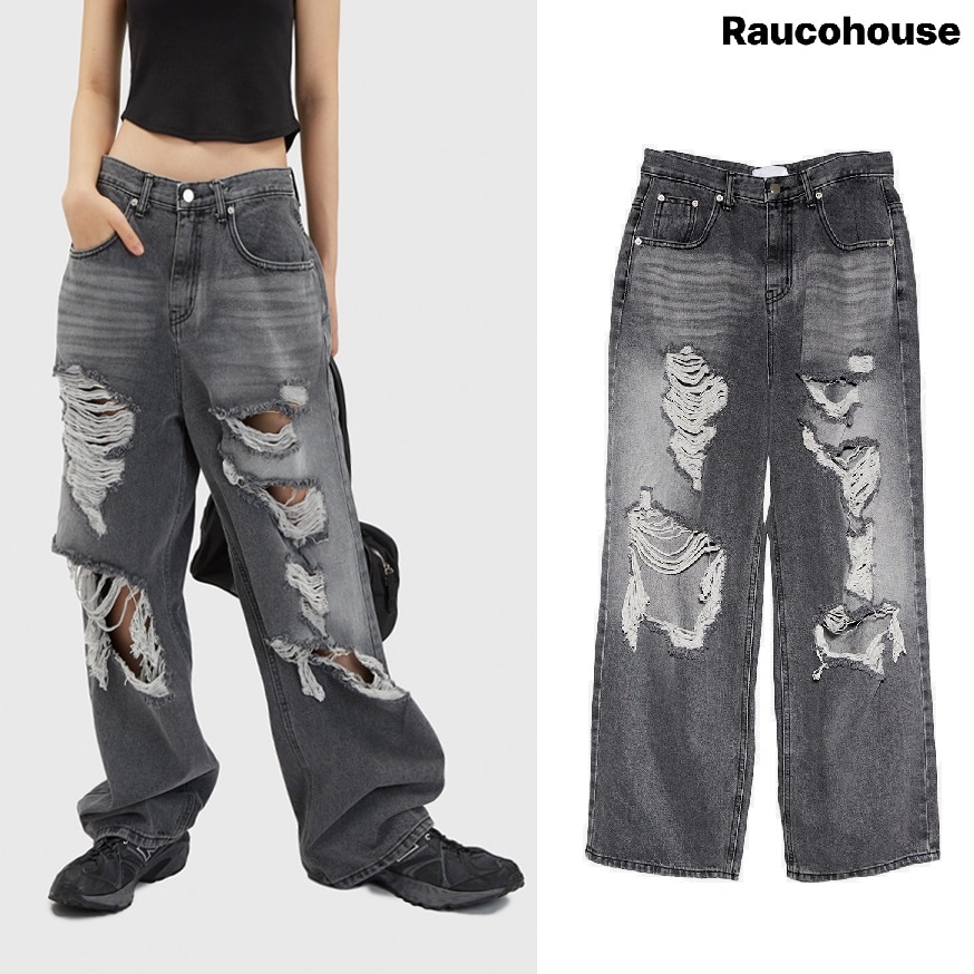 Gray Brush Destroyed Wide Denim Pants 新商品 男女共用 デイリー ジーンズ カップルアイテム ストリートファッション 贈り物 学生 大学生デニム・ジーンズ