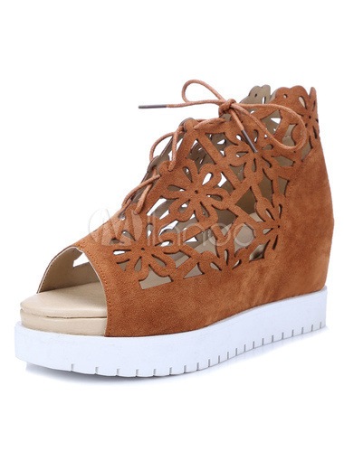 ゴージャスなマイクロスエードアッパーレースアップピープトウシューズの女性のウェッジサンダル