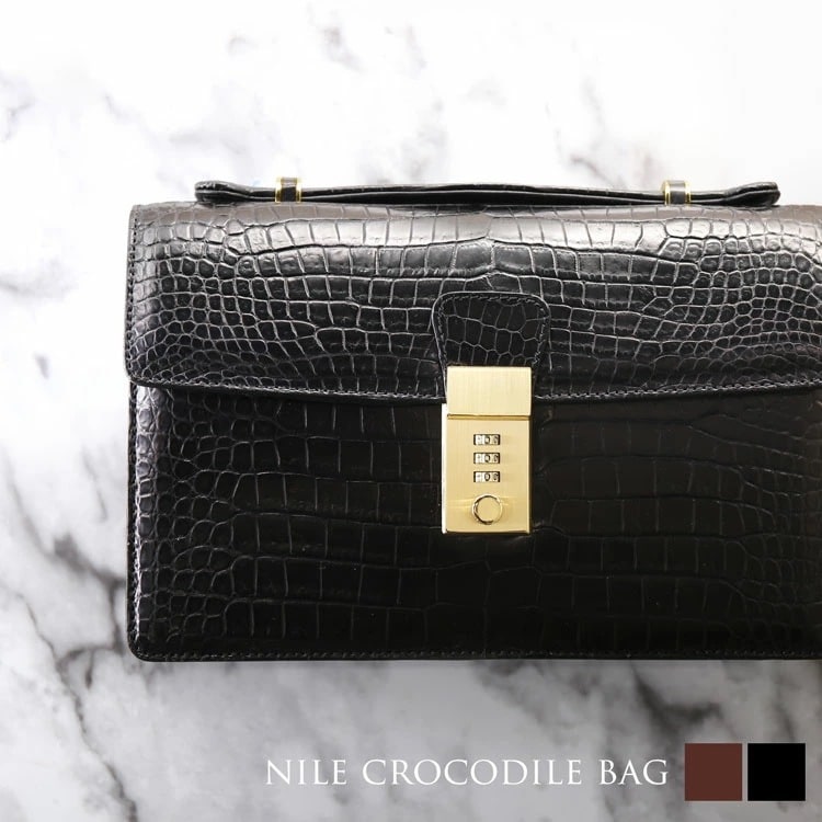 クロコダイル メンズ セカンドバッグ 日本製 マット 加工 ダイヤルロック 鍵付き ビジネスバッグ 仕事 通勤 センター取り ブラック ダークブラウン ナイルクロコダイル ゴールド金具 本革 鰐革 保