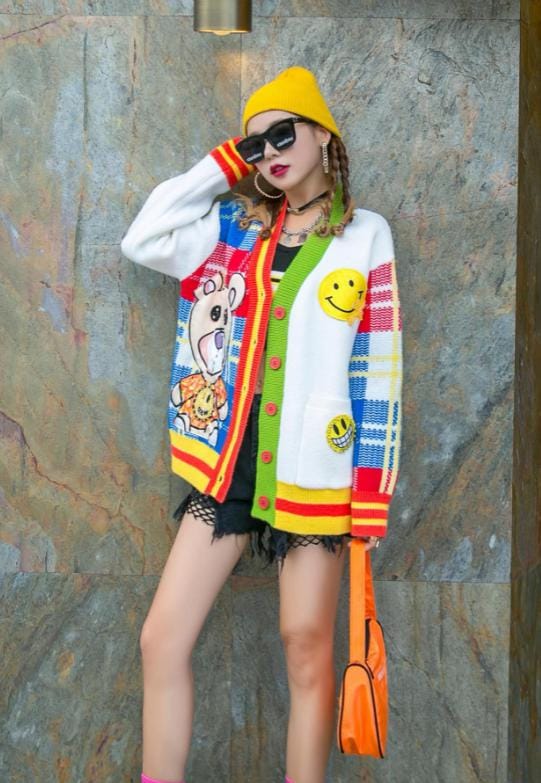 冬新作漫画スパンコールタイドブランドレディースルーズニットカーディガン