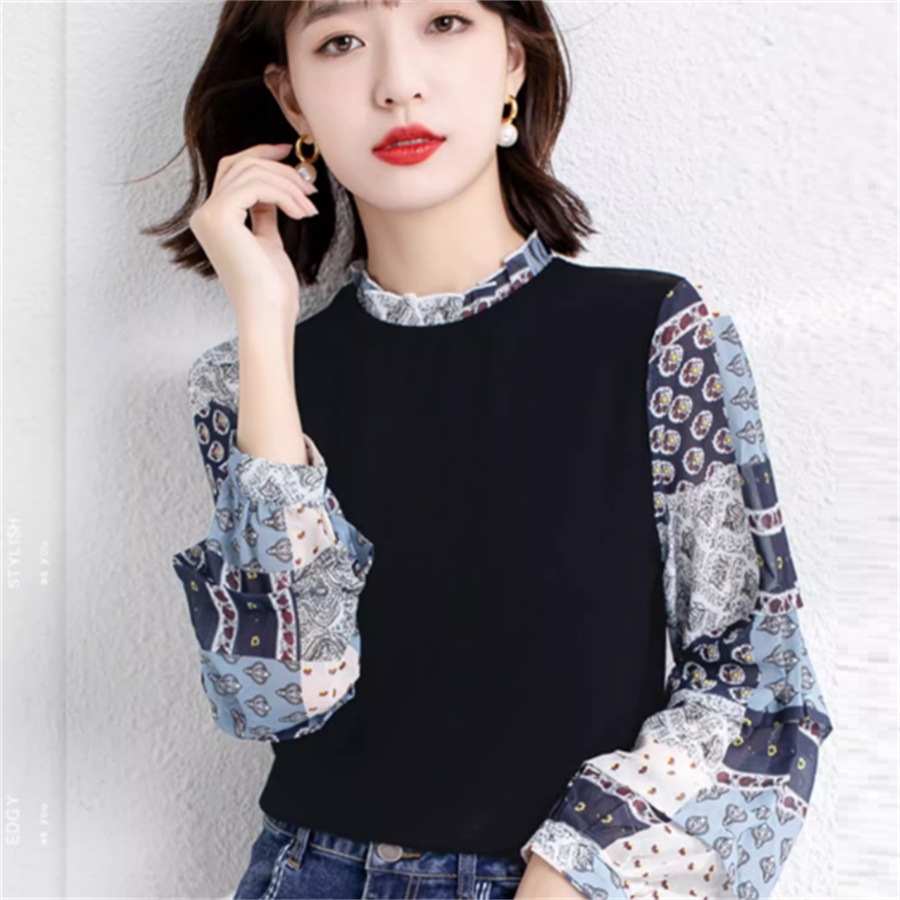 トップス Tシャツ ブラウス 袖あり 長袖 クルーネック プルオーバー 異素材切り替え ドッキング プリント切り換え 薄手生地 かわいい 大人可愛い 大人女子 こなれ感 シンプル