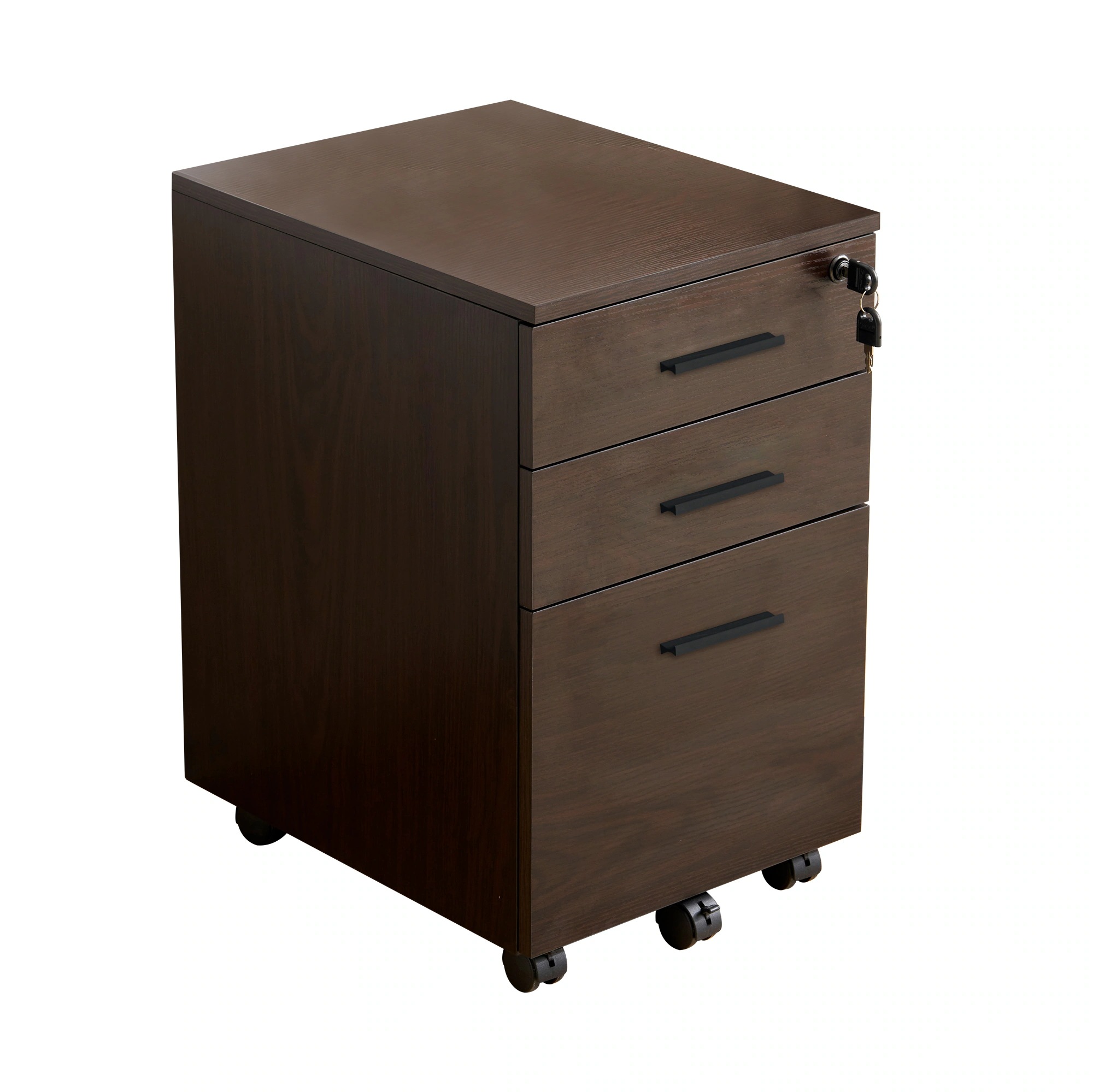 【国内発送】1650【新品登場】デスクワゴン サイドワゴン ラック 鍵付き キャスター付き 脇机 引き出し3段　クルミ