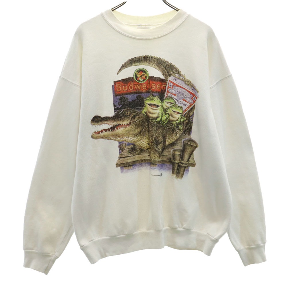 90s オールド バドワイザー カエルプリント 長袖 スウェット トレーナー L 白 Budweiser メンズ