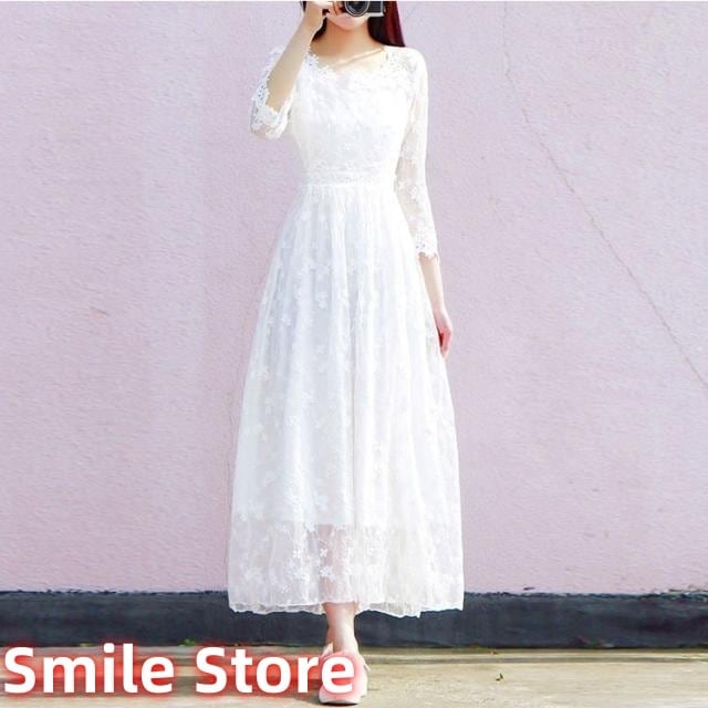 レース ホワイト 結婚式 白ワンピース パーティードレス 女性 リゾート夏ロング丈 7分袖 ワンピース レディース 大人 マキシワンピ 謝恩会