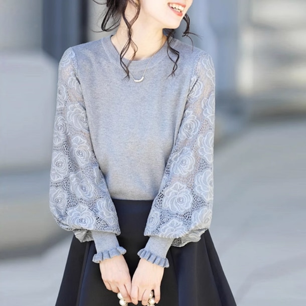 トップス ニットソー 白トップス 袖あり ランタンスリーブ 長袖 ラウンドネック 襟なし 透け感 ウール かわいい 大人可愛い きれいめ シンプル 大人 上品 おしゃれ お洒落 大人女子 無地 柄