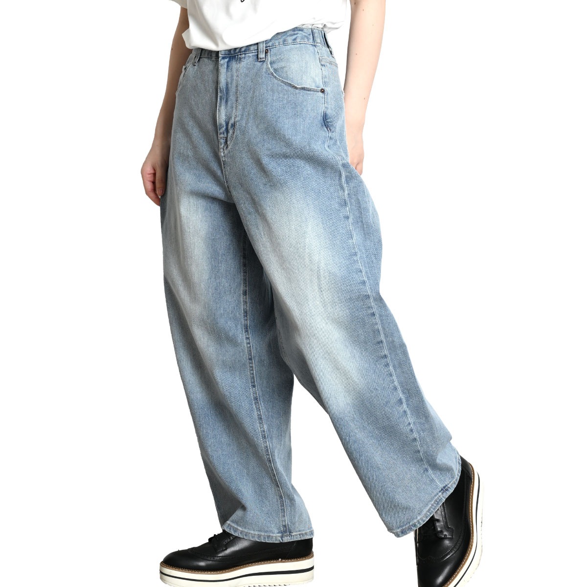 デニム パンツ レディース 隠れたラク見せる美ストレッチデニムワイドストレートパンツ ストレート ジーンズ ジーパン ボトム ゴム 楽ちん