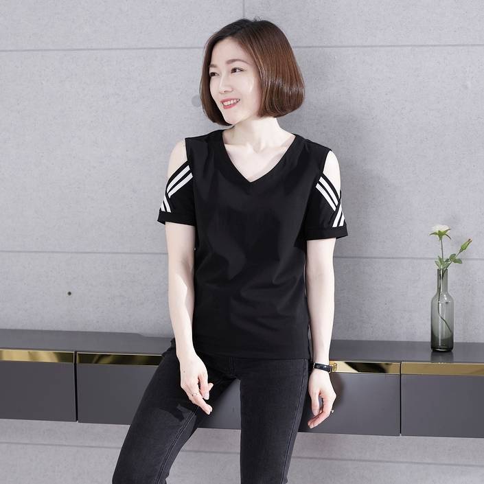 オープンショルダー トップス レディース Tシャツ 4色 プルオーバー 襟コンシャ ライン クロス レイヤード風 半袖 Vネック 単色 ホワイト 白 ブラック 黒 カジュアル 可愛い お洒落 こなれ感