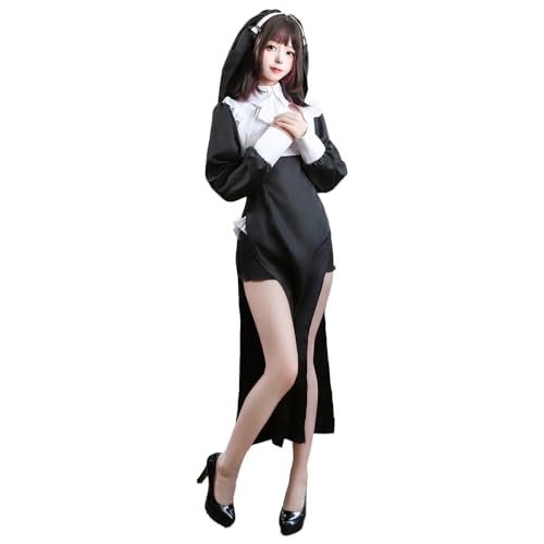 [] シスター コスプレ ハロウィン 仮装 長袖 修女 修道女 聖女 牧師 教会 聖歌隊 十字架 衣装 可愛い 萌え 人気 イベント 活動 なりきり ストッキング 6点セット (L)