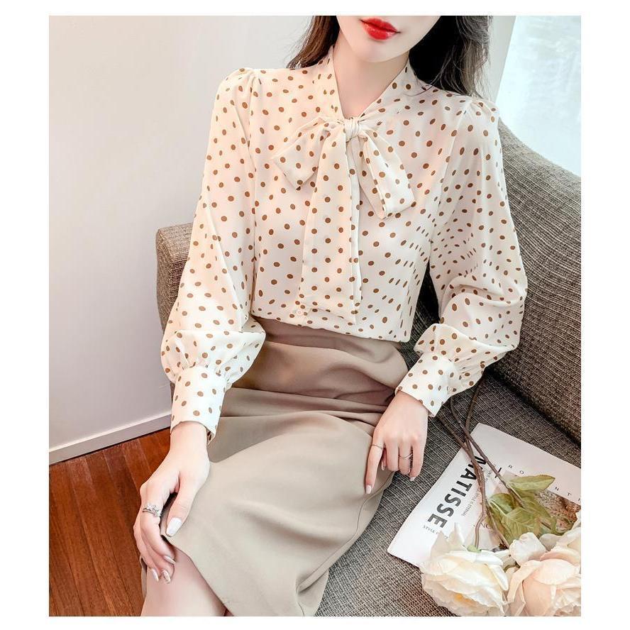 安い商品 今日だけ ブラウス レディース 長袖ブラウス 春秋 オフィスブラウス ドット柄 リボンネック オシャレブラウス シフォントップス 韓国風 上品 通勤OL ゆったりシャツ 40代 3枚購入で3