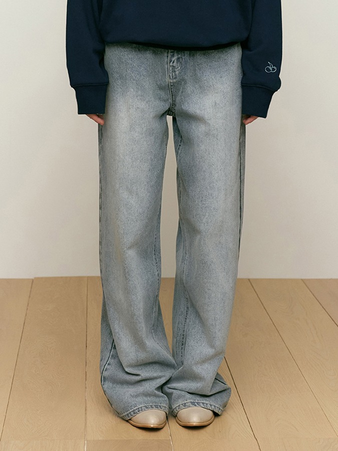 CHERRY GARMENT WASHING WIDE-FIT DENIM PANTS [BROWN KHAKI]