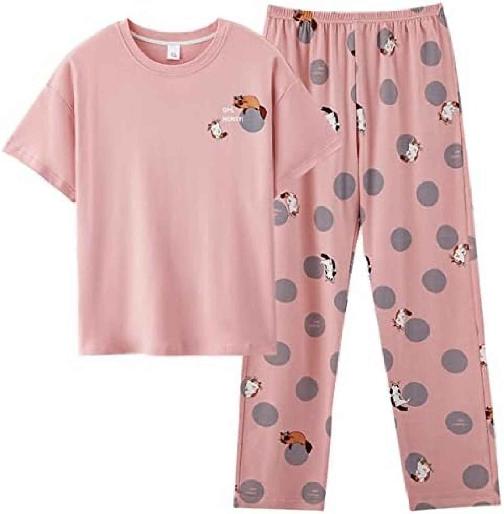 パジャマ レディース 夏 猫柄 ピンク 半袖 綿100 可愛い ルームウェア 上下セット 肌に優しい 通気 吸汗 部屋着 大きいサイズ