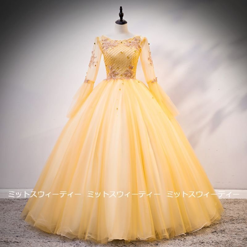 舞台用カラードレス ゴールド 演奏会 カラードレス コンサート 発表会 ロングドレス 披露宴 プリン