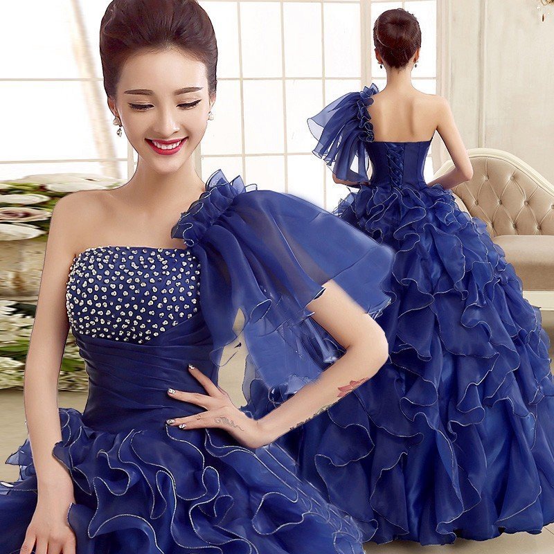 ウェディングドレス カラードレス 演奏会 安い パーティードレス 披露宴 ワンショルダー 二次会 ロ