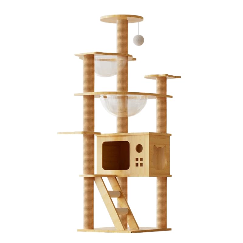 【miniumi】キャットタワー 木製 据え置き 多頭飼い 宇宙船 猫ハウス シニア猫 太った猫 短足猫 子猫 高さ131cm 大型猫 隠れ家 展望台 ポンポン 爪とぎ 安定 角丸加工 ステップ 階段