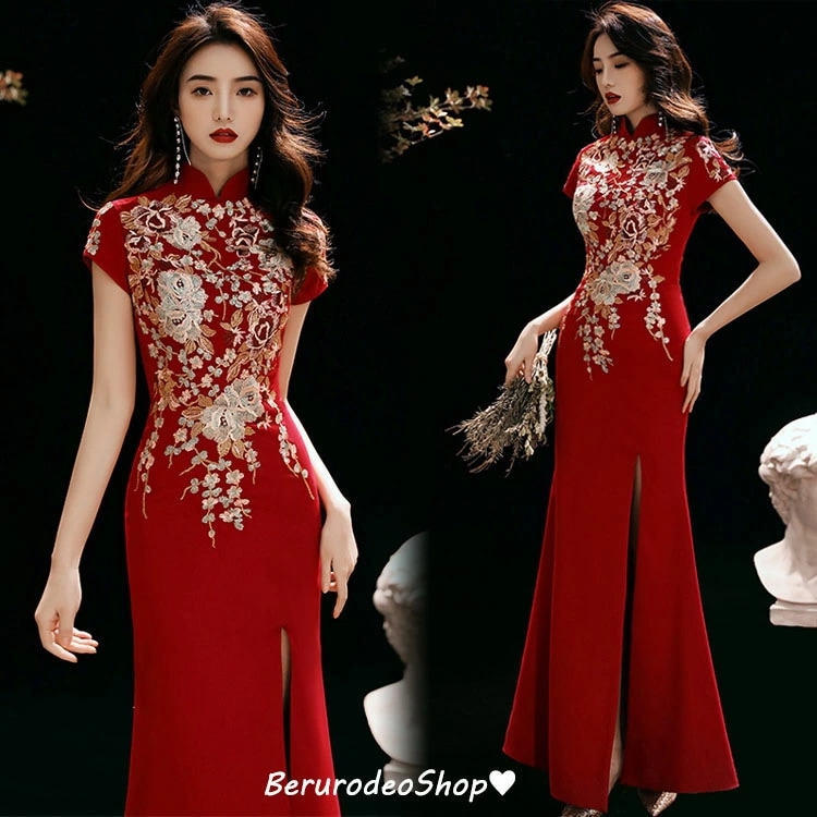 マーメイドドレス 結婚式ドレス ワイン赤 二次会ドレス 刺繍花柄 キレイめ チャイナ風ドレス 立ち襟 ロングドレス ゲストドレス ワインレッド イブニングドレス パーティードレス タイトドレス