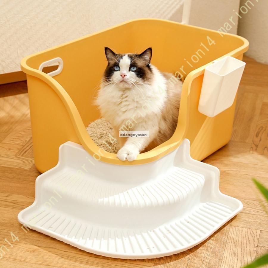 オープンタイプ 砂飛び散り防止 猫のトイレ スコップ付き ゆったり 大きめ 大開口 大きな猫のトイレ 広々サイズ 深め 大型猫トイレ 猫用トイレ本体