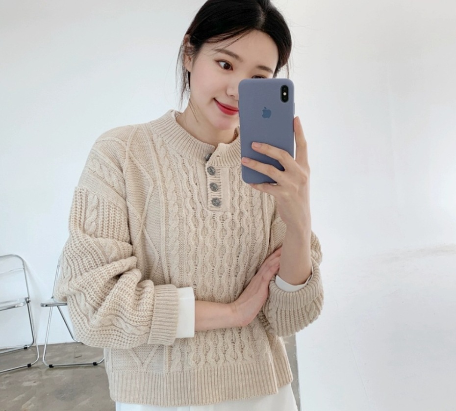 レディース トップス ニット セーター ショート 長袖 ドロップショルダー 萌袖 ラウンドネック 襟なし ストレート ハイウエスト ケーブルニット 伸縮性 中厚手 かわいい 大人可愛い きれいめ