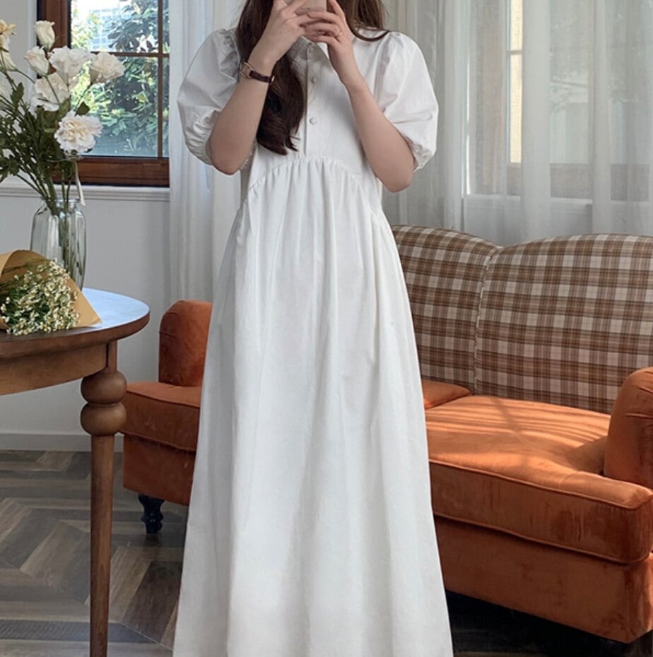 ワンピース 袖あり かわいい 大人可愛い きれいめ シンプル カジュアル 大人 上品 おしゃれ 襟付き ロング丈 パフスリーブ 半袖 襟付き 無地 春夏 休日 公園 フレア 薄手 ホワイト 韓国