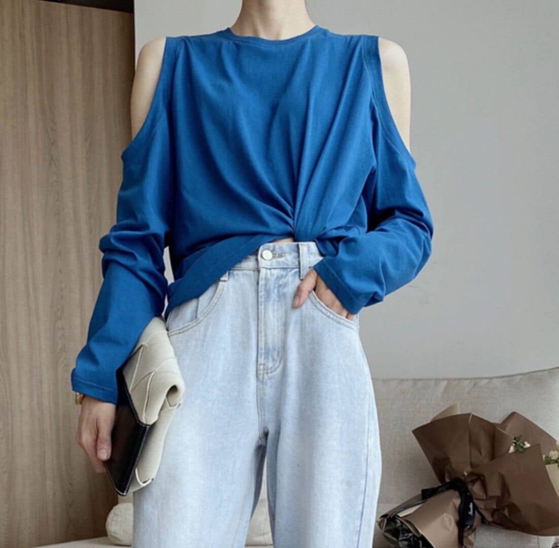 カットソー レディース 長袖 オープンショルダー 抜け感 かわいい 大人可愛い きれいめ シンプル カジュアル 無地 春 秋 ママ 学生 イベント デート ゆったり ゆる ブルー トップス