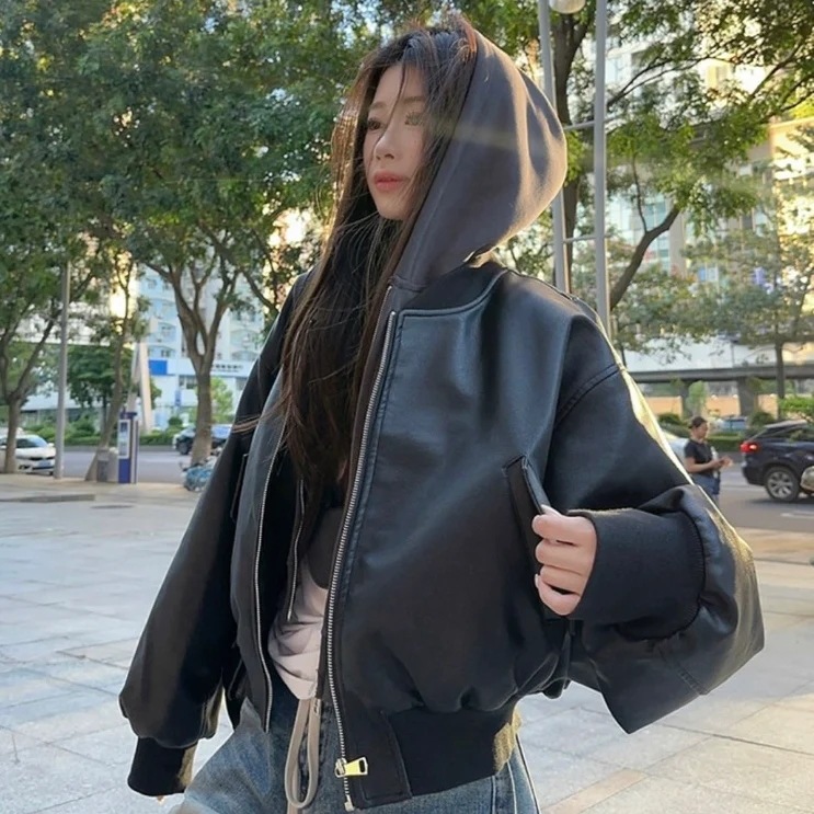 エコレザー ジャケット & ジップ パーカー セット レディース 韓国 ファッション アウター PU レザー ぶ