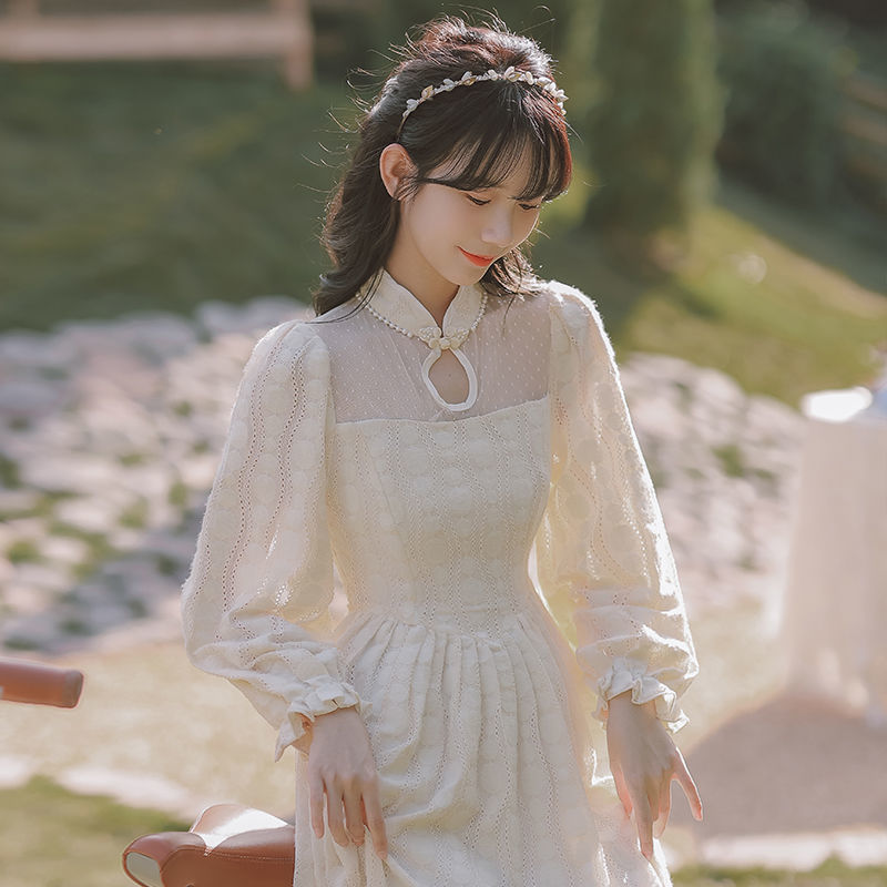 Senシリーズ文芸ベージュドレス2023復古改良民族風レース甘い気質薄いスカート 母の日