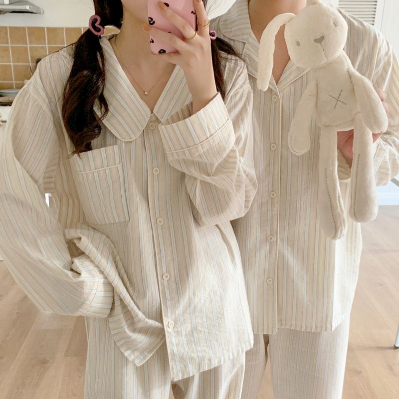 5韓国風秋ストライプカップルホーム服長袖ズボンカジュアルカーディガン外着用可能パジャマセット