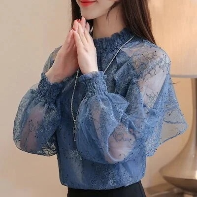超,高評価レースシャツボトミングスモールシャツレディース春韓国風ファッション長袖シフォンシャツトップフリル