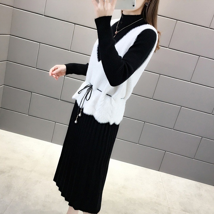 2点セット ミディアム丈ワンピース 長袖 タートルネック プルオーバーベスト Vネック ウエストマーク ニット かわいい 大人可愛い きれいめ シンプル 上品 おしゃれ かっこいい カジュアル