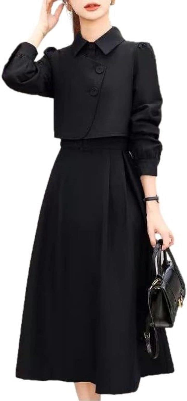 セットアップワンピース 同色ベスト＋ベルト付き ミモレ丈 きちんと感 オフィス 入学式 お出かけ 大学生 可愛い かわいい オルチャン 清楚系 フェミニン 秋物(ブラック, L) 7,480円