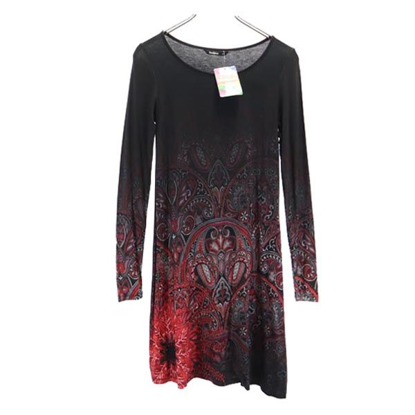 未使用 ペイズリー柄 長袖 Tシャツ ワンピース XS 黒系 カットソー レディース