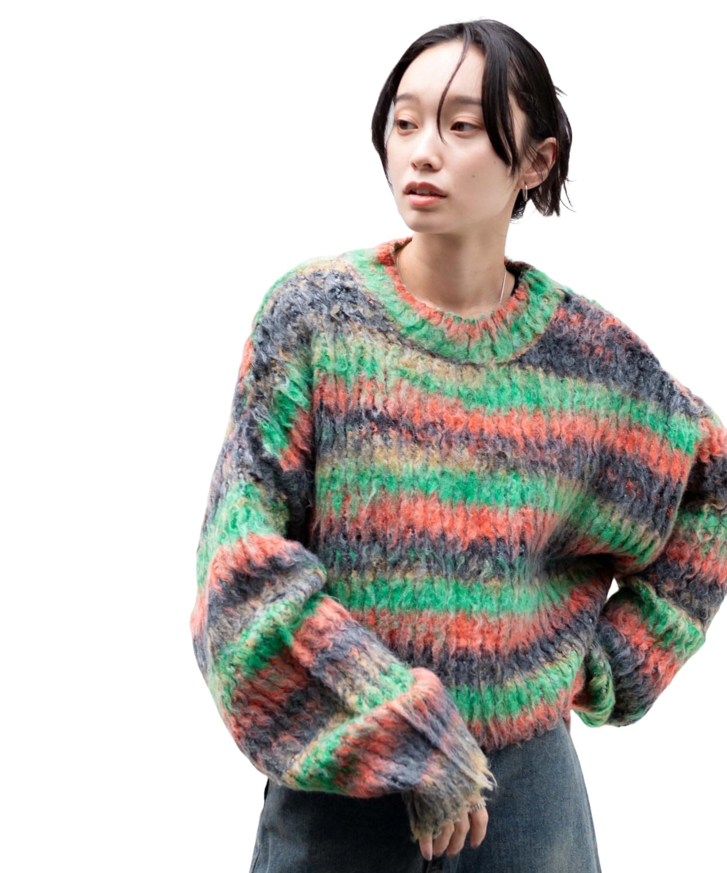 [ウィゴー] マルチボーダー ニットショート プルオーバー セーター 柄 ニット トップス 服 ショート丈 韓国 カジュアル 秋服 冬服 春 秋 冬 レディース