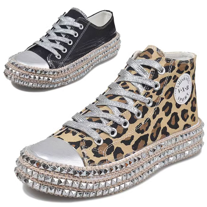 スニーカー レディース ハイカット ローカット キャンバス スタッズ キラキラ レオパード ヒョウ柄