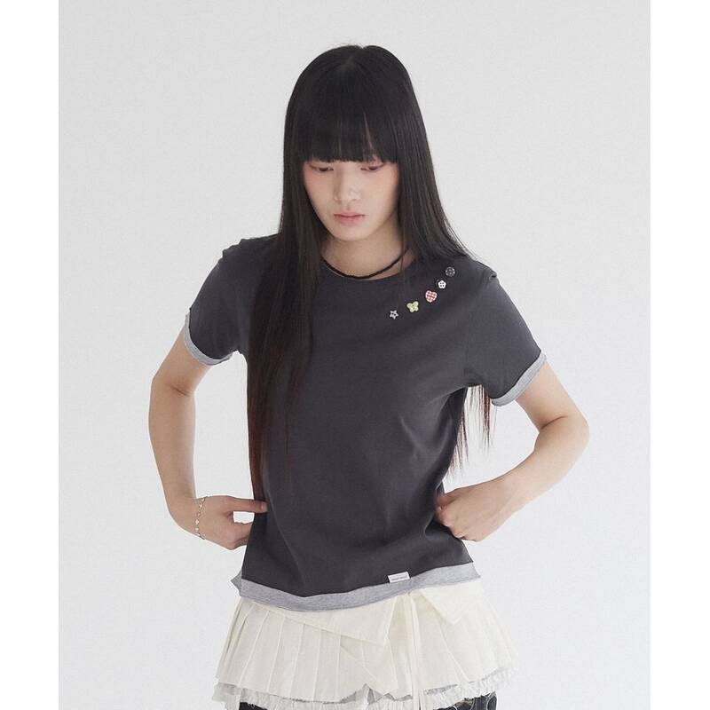 WACKY WILLY ウィメンズ レイヤード ボタン付き半袖Tシャツ チャコール WA2602STW1CH 410890