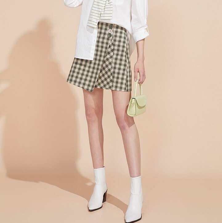 スカート 春夏 かわいい ミニ丈 ショート丈 膝丈 ひざ丈 膝上 ギンガムチェック ウエストマーク ハイウエスト 切り替えデザイン カーキ イエロー かわいい カジュアル おしゃれ お洒落 S M L