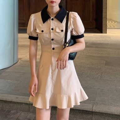 ワンピース 半袖 春夏 カジュアル aライン シャツワンピース ショート丈 襟付き ポロカラー スリム 細身 ハイウエスト ベージュ S M L XL ジャスト かわいい 大人可愛い きれいめ シンプ