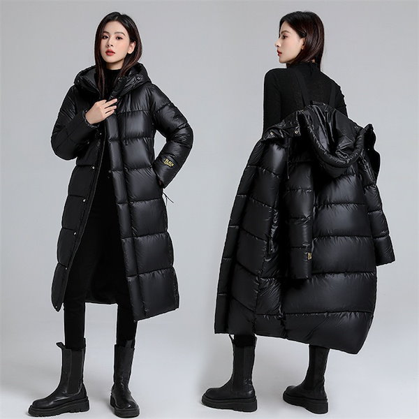 週末に着たい服 自社生産 ロング丈中綿アウター フード付き 着痩せ 厚手保温 ブラック S～3XL