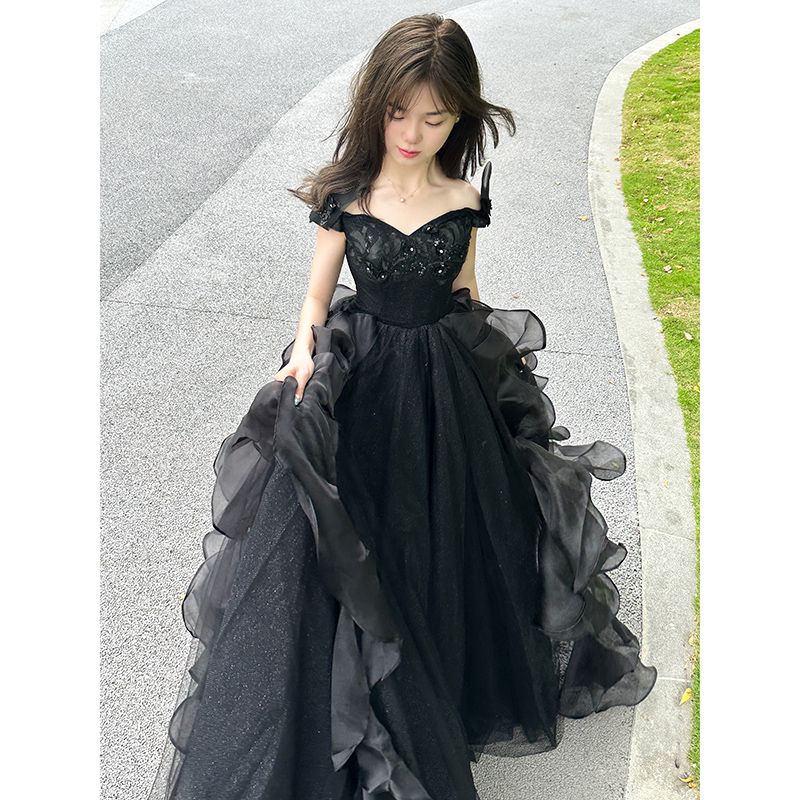ブラックドレス2025気質ふわふわガーゼスカートハイエンドボーカルアート試験大人のドレス