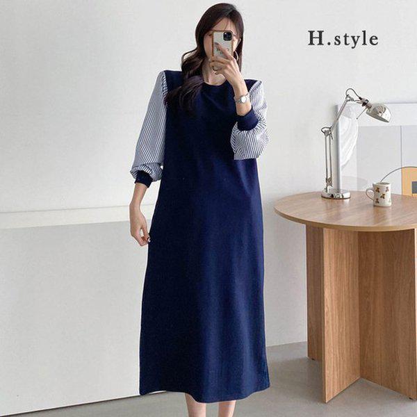 HスタイルOUストライプOPS/春の新商品/季節の変わり目/OPS/ワンピース/シフォン/ホームウェア/カジュアル/ラウンジ/ルーズフィット