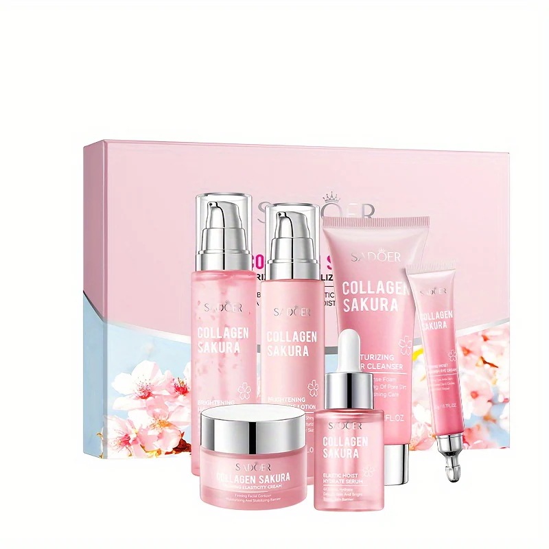 6ピース SADŌER コラーゲン サクラ チェリー ブロッサム エッセンス フェイシャル スキンケア セット - アルコールフリーすべての肌タイプに優しいグリセリンとアラントイン配合カップルへ