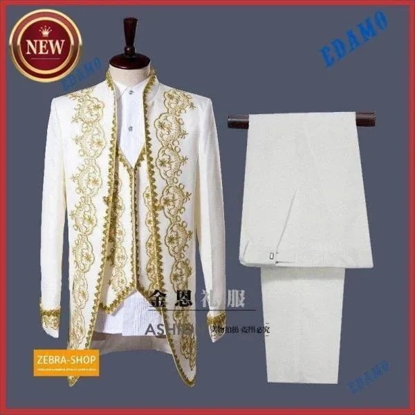 メンズ ヨーロッパ礼服 ラメ刺繍柄 宮廷服 男性スーツ ジャケット+ベスト+ズボン３点セット コスム コスプレ衣装 ライブ衣装 演劇 オペラ