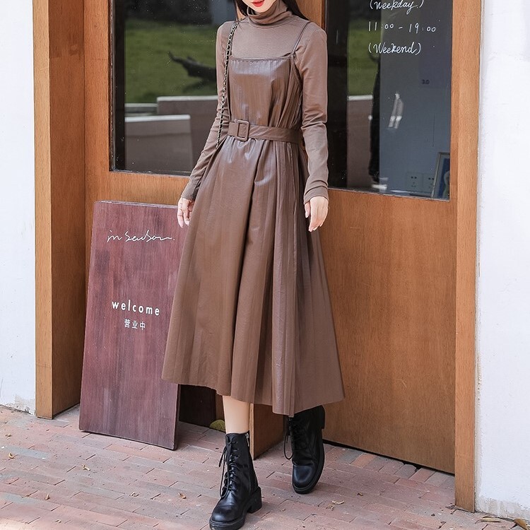 セットアップ カットソー ワンピース キャミワンピ プリーツワンピース ミモレ丈 ロング丈 萌袖 ハイネック Aライン ベルト ウエストマーク PU PUレザー 2点セット ツーピース かわいい