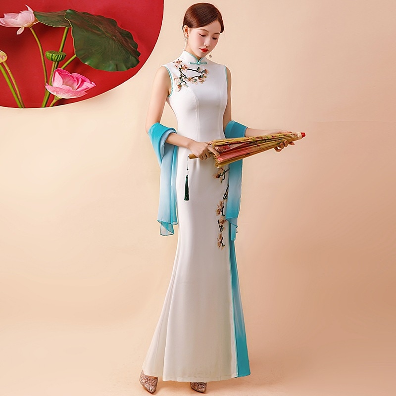 【2枚購入で 3oo円OFF】改善されたショー秋と冬の長年の襟の女性のためのチョンサムパフォーマンスドレスはスリムでファッショナブルな宴会ドレスに見えます 5,415円