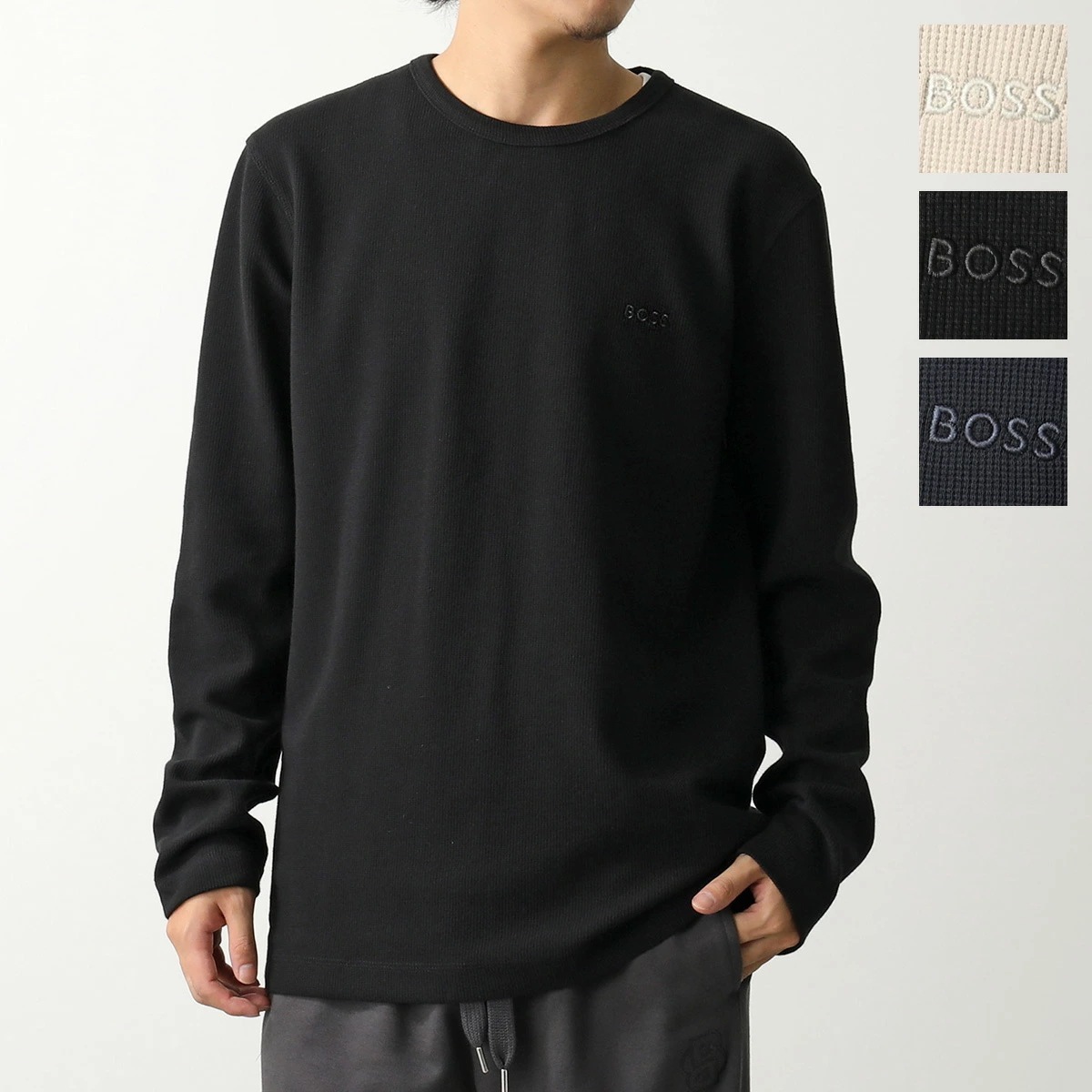 HUGO BOSS ORANGE ヒューゴボス オレンジ カットソー 50520725 Tempesto テンペスト メンズ ワッフル 長袖Tシャツ ロンT ロゴT ストレッチ クルーネック