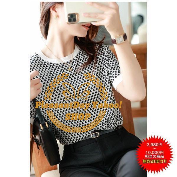 Tシャツ レディース 春夏新作 40代 半袖 ニットトップス 千鳥格子 Tシャツ 薄手 レション ショット丈ニットソー カットソー おしゃれ 大人 50代 30代