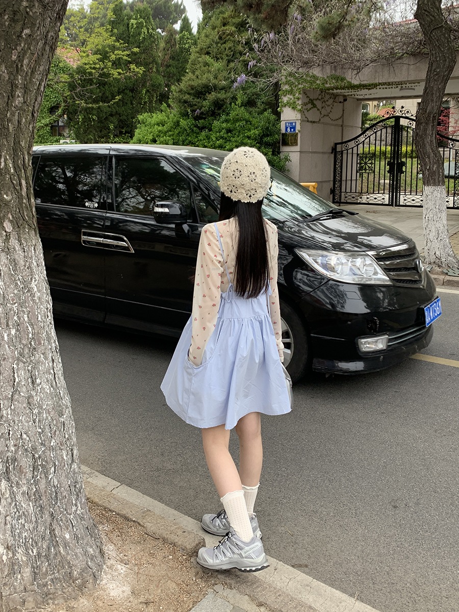 リゾート風ブルーゆったり着痩せサスペンダードレス女性用2024フレッシュ＆スウィート年齢軽減ベビードールドレス