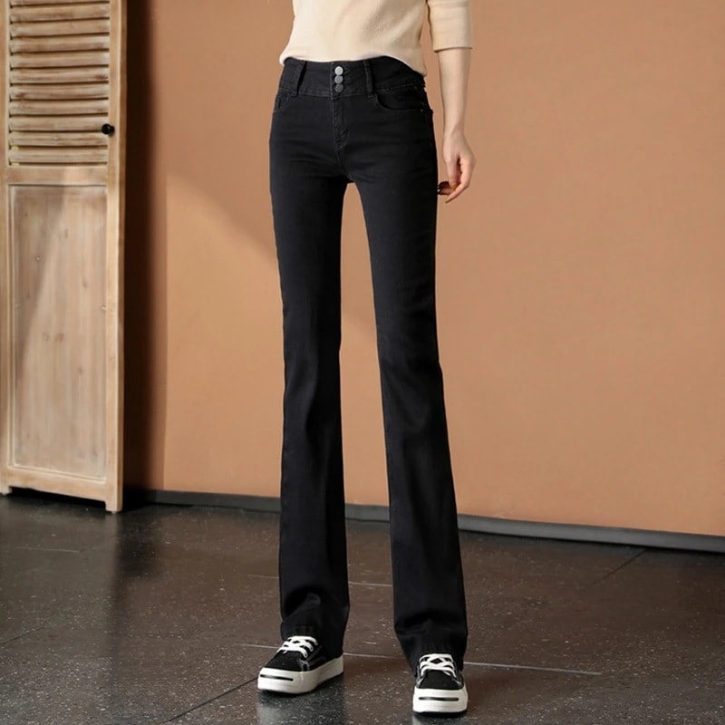 ワイドレッグ新作ブラックジーンズ女性マイクロフレアハイウlエスト細身パンツゆったり万能ストレートパンツ