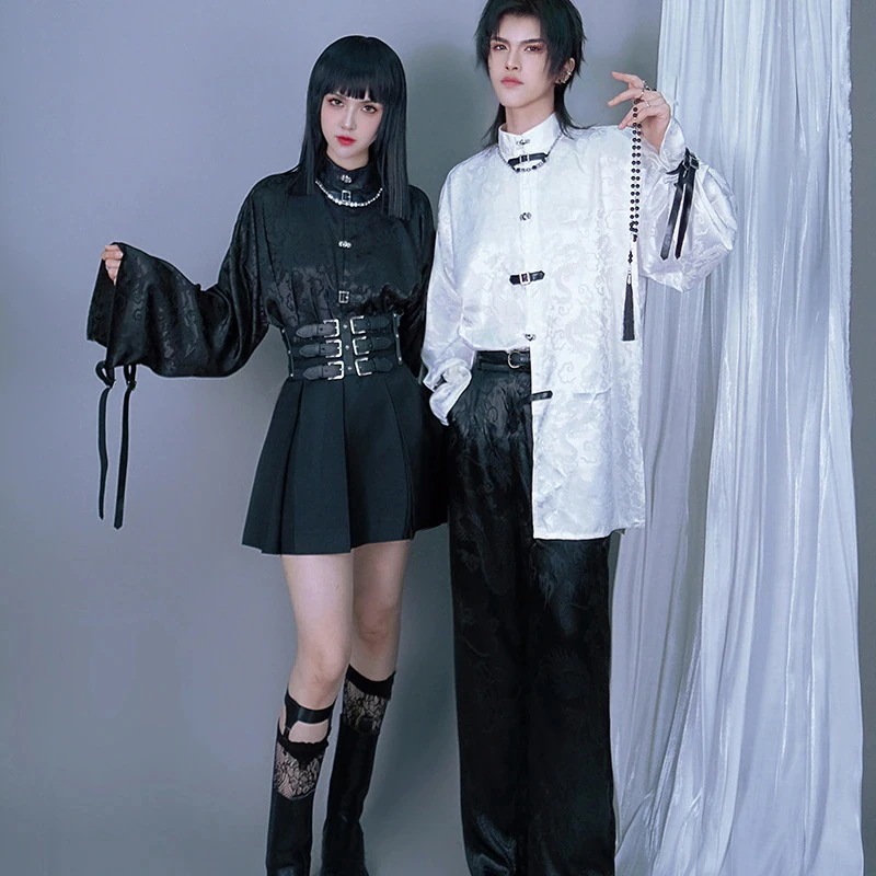 チャイナ風シャツ 長袖 龍紋ジャガード トップス ユニセックス スタンドカラー 改良漢服 レディース メンズ 黒/白 モダン 男女兼用