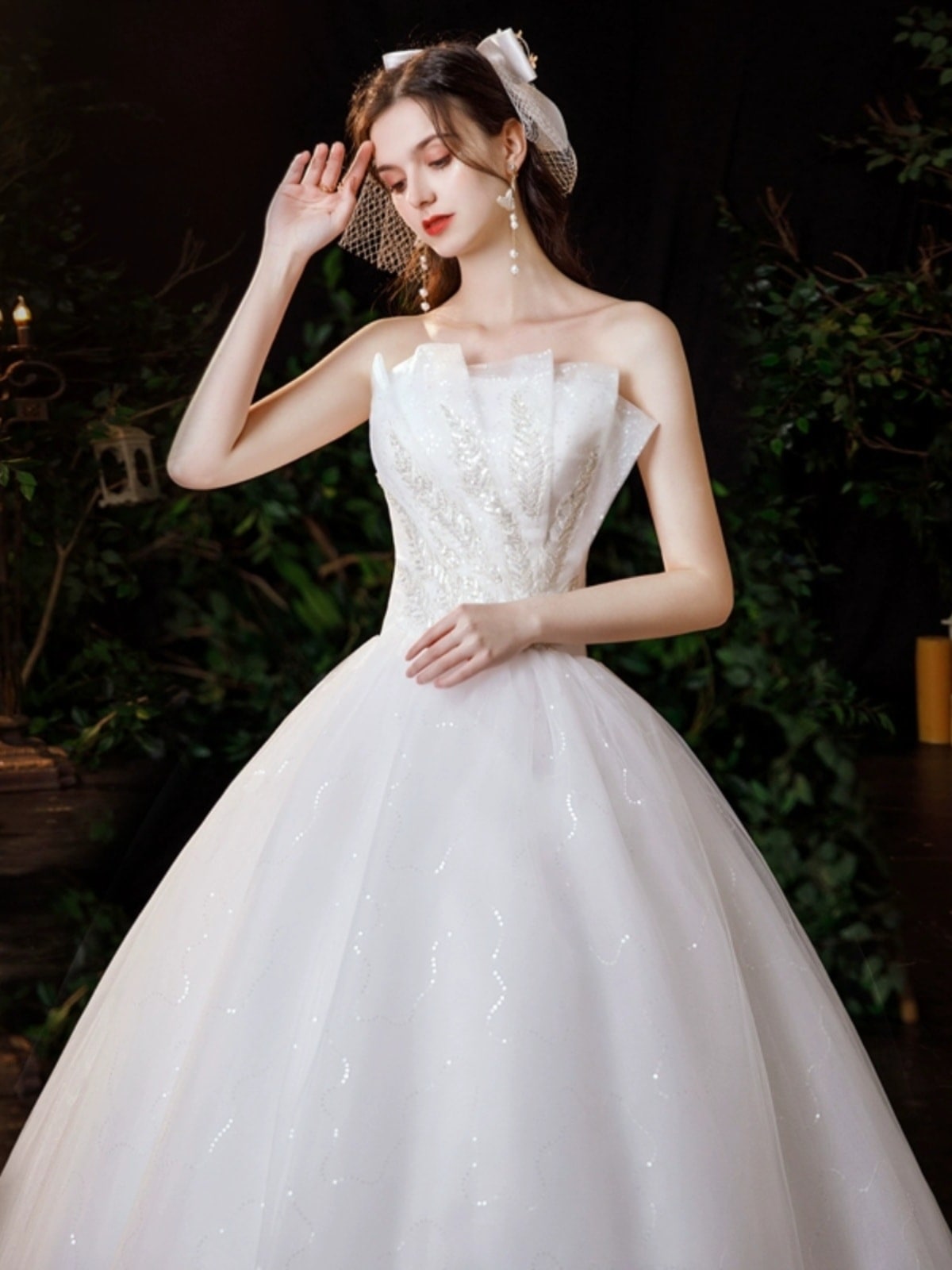 2025年 ストラップレス ウェディングドレス 花嫁用 プリンセス スリムウエスト スーパーフェアリー ドリーミー 星空 ラージサイズ フロアレングス ウェディングドレス